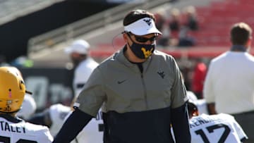 Oct 24, 2020; Lubbock, Texas, USA; West Virginia Mountaineers head coach Neal Brown before the game against the Texas Tech Red Raiders at Jones AT&T Stadium. Mandatory Credit: Michael C. Johnson-USA TODAY Sports