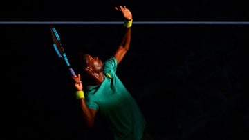 NEW YORK, NY - AUGUST 31: Gael Monfils of France serves against Donald Young of the United States during their second round Men's Singles match on Day Four of the 2017 US Open at the USTA Billie Jean King National Tennis Center on August 31, 2017 in the Flushing neighborhood of the Queens borough of New York City. (Photo by Al Bello/Getty Images)