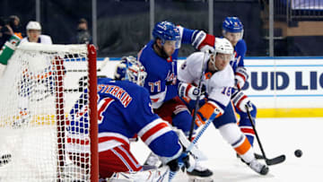 Igor Shesterkin #31 and Tony DeAngelo #77 of the New York Rangers defend the net . (Photo by Bruce Bennett/Getty Images)