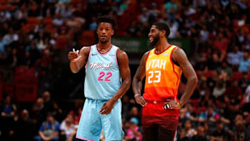Royce O'Neale, Utah Jazz. Jimmy Butler, Miami Heat. Copyright 2019 NBAE (Photo by Issac Baldizon/NBAE via Getty Images)