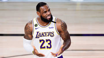 LAKE BUENA VISTA, FLORIDA - OCTOBER 11: LeBron James #23 of the Los Angeles Lakers reacts against the Miami Heat in Game Six of the 2020 NBA Finals at AdventHealth Arena at the ESPN Wide World Of Sports Complex on October 11, 2020 in Lake Buena Vista, Florida. NOTE TO USER: User expressly acknowledges and agrees that, by downloading and or using this photograph, User is consenting to the terms and conditions of the Getty Images License Agreement. (Photo by Douglas P. DeFelice/Getty Images)
