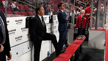 GLENDALE, AZ - JANUARY 25: Head coach John Tortorella of the Columbus Blue Jackets looks on from the bench against the Arizona Coyotes at Gila River Arena on January 25, 2018 in Glendale, Arizona. (Photo by Norm Hall/NHLI via Getty Images)