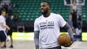 Dec 21, 2016; Salt Lake City, UT, USA; Utah Jazz guard Shelvin Mack (8) takes a break as he wars up prior to their game against the Sacramento Kings at Vivint Smart Home Arena. Mandatory Credit: Jeff Swinger-USA TODAY Sports