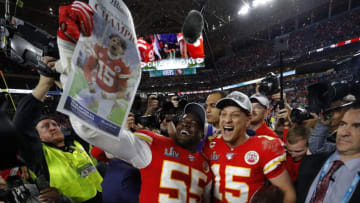 MIAMI, FLORIDA - FEBRUARY 02: Frank Clark #55 of the Kansas City Chiefs and Patrick Mahomes #15 of the Kansas City Chiefs celebrate after defeating San Francisco 49ers by 31 - 20in Super Bowl LIV at Hard Rock Stadium on February 02, 2020 in Miami, Florida. (Photo by Kevin C. Cox/Getty Images)