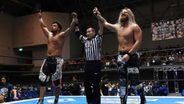 FUJISAWA, JAPAN - NOVEMBER 16: Juice Robinson and David Finlay celebrate the victory during the New Japan Pro-Wrestling 'World Tag League' at the Prince Chichibu Memorial Memorial Gymnasium on November 16, 2019 in Fujisawa, Kanagawa, Japan. (Photo by Etsuo Hara/Getty Images)