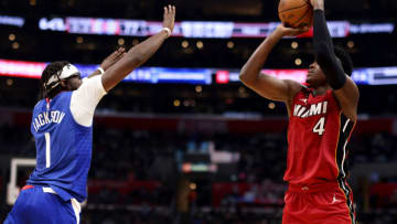 Victor Oladipo #4 of the Miami Heat shoots the ball against Reggie Jackson #1 of the Los Angeles Clippers(Photo by Katelyn Mulcahy/Getty Images)