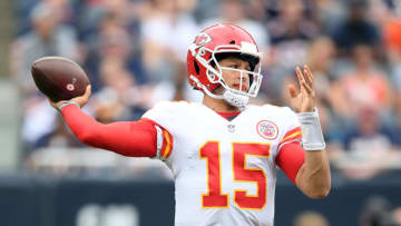 CHICAGO, IL - AUGUST 25: Kansas City Chiefs quarterback Patrick Mahomes (15) throws the football during game action in a preseason NFL game between the Kansas City Chiefs and the Chicago Bears on August 25, 2018 at Soldier Field in Chicago IL. (Photo by Robin Alam/Icon Sportswire via Getty Images)