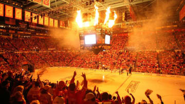 DETROIT - JUNE 06: Flames shoot from the scoreboard at center ice before Game Five of the 2009 NHL Stanley Cup Finals between the Pittsburgh Penguins and the Detroit Red Wings at Joe Louis Arena on June 6, 2009 in Detroit, Michigan. (Photo by Bruce Bennett/Getty Images)