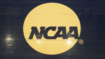 WASHINGTON, DC - MARCH 03: The NCAA logo on the floor during a Atlantic 10 Women's Basketball Tournament - First Round college basketball game between the Richmond Spiders and the George Washington Colonials at the Smith Center on March 3, 2020 in Washington, DC. (Photo by Mitchell Layton/Getty Images)