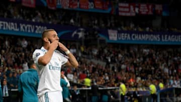 26 May 2018, Ukraine, Kiev: soccer, Champions League, Real Madrid vs FC Liverpool, finals at the Olimpiyskiy National Sports Complex. Madrid's Karim Benzema celebrates his 1-0 goal. Photo: Ina Fassbender/dpa (Photo by Ina Fassbender/picture alliance via Getty Images)