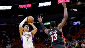 Killian Hayes #7 of the Detroit Pistons shoots over Bam Adebayo #13 of the Miami Heat(Photo by Megan Briggs/Getty Images)