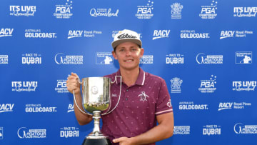 GOLD COAST, AUSTRALIA - DECEMBER 02: Cameron Smith celebrates winning the Kirkwood Cup during day four of the 2018 Australian PGA Championship at Royal Pines Resort on December 02, 2018 in Gold Coast, Australia. (Photo by Bradley Kanaris/Getty Images)