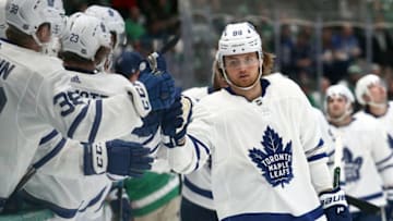 William Nylander #88 of the Toronto Maple Leafs celebrates a goal against the Dallas Stars in the third period at American Airlines. (Photo by Ronald Martinez/Getty Images)