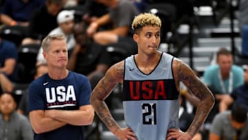 EL SEGUNDO, CA - AUGUST 15: Kyle Kuzma #21 talks with assistant coach Steve Kerr during 2019 USA Men's National Team World Cup training camp at UCLA Health Training Center on August 15, 2019 in El Segundo, California. (Photo by Jayne Kamin-Oncea/Getty Images)