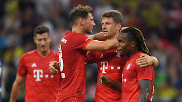 (L-R) Bayern Munich's Polish forward Robert Lewandowski, Bayern Munich's German midfielder Leon Goretzka, Bayern Munich's German forward Thomas Mueller and Bayern Munich's Portuguese midfielder Renato Sanches. (Photo by Christof STACHE / AFP) (Photo credit should read CHRISTOF STACHE/AFP via Getty Images)