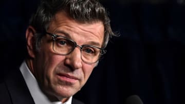 MONTREAL, QC - JANUARY 07: General manager of the Montreal Canadiens Marc Bergevin addresses the media prior to the NHL game at the Bell Centre on January 7, 2018 in Montreal, Quebec, Canada. The Montreal Canadiens defeated the Vancouver Canucks 5-2. (Photo by Minas Panagiotakis/Getty Images)