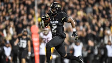 BOULDER, CO - OCTOBER 25: Laviska Shenault Jr. #2 of the Colorado Buffaloes carries the ball for a 73-yard touchdown catch against the USC Trojans in the third quarter of a game at Folsom Field on October 25, 2019 in Boulder, Colorado. (Photo by Dustin Bradford/Getty Images)