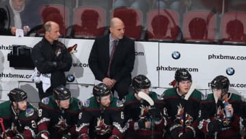 GLENDALE, ARIZONA - NOVEMBER 21: Head coach Rick Tocchet of the Arizona Coyotes looks over the bench during the NHL game against the Toronto Maple Leafs at Gila River Arena on November 21, 2019 in Glendale, Arizona. The Maple Leafs defeated the Coyotes 3-1. (Photo by Christian Petersen/Getty Images)
