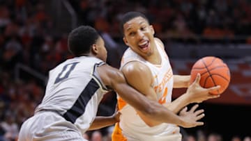 KNOXVILLE, TN - DECEMBER 22: Brandon Childress #0 of the Wake Forest Demon Deacons guards Grant Williams #2 of the Tennessee Volunteers during their game at Thompson-Boling Arena on December 22, 2018 in Knoxville, Tennessee. Tennessee won the game 83-64. (Photo by Donald Page/Getty Images)