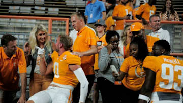 Tennessee wide receiver Grant Frerking (0) and Tennessee defensive lineman Amari McNeill (93) greet loved ones following during a game at Neyland Stadium in Knoxville, Tenn. on Thursday, Sept. 2, 2021.Kns Tennessee Bowling Green Football