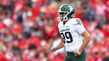 PISCATAWAY, NJ - OCTOBER 09 : Bryce Baringer (99) of the Michigan State Spartans in action against the Rutgers Scarlet Knights during a game at SHI Stadium on October 9, 2021 in Piscataway, New Jersey. Michigan State defeated Rutgers 31-13. (Photo by Rich Schultz/Getty Images)
