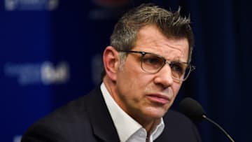 BROSSARD, QC - APRIL 9: Montreal Canadiens General Manager Marc Bergevin listens to journalists questions during the Montreal Canadiens end of season press conference on April 9, 2018, at Bell Sports Complex in Brossard, QC (Photo by David Kirouac/Icon Sportswire via Getty Images)