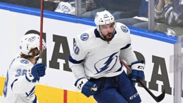 May 14, 2022; Toronto, Ontario, CAN; Tampa Bay Lightning forward Nick Paul (20) celebrates with forward Brandon Hagel (38) after scoring against the Toronto Maple Leafs in game seven of the first round of the 2022 Stanley Cup Playoffs at Scotiabank Arena. Mandatory Credit: Dan Hamilton-USA TODAY Sports