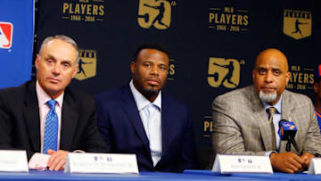 NEW YORK, NY - JUNE 16: (L-R) Commissioner of Baseball Robert D. Manfred Jr., 2016 Hall of Fame inductee Ken Griffey Jr. and MLBPA Executive Director Tony Clark look on during a press conference on youth initiatives hosted by Major League Baseball and the Major League Baseball Players Association at Citi Field on Thursday, June 16, 2016 in the Queens borough of New York City. (Photo by Jim McIsaac/Getty Images)