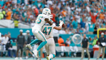 MIAMI, FL - OCTOBER 14: Albert Wilson #15 and Kiko Alonso #47 of the Miami Dolphins celebrate a fumble recovery in the second quarter against the Chicago Bears of the game at Hard Rock Stadium on October 14, 2018 in Miami, Florida. (Photo by Marc Serota/Getty Images)