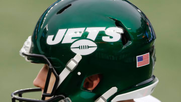 Jan 3, 2021; Foxborough, Massachusetts, USA; The New York Jets logo is seen on a helmet during the first half of their game against the New England Patriots at Gillette Stadium. Mandatory Credit: Winslow Townson-USA TODAY Sports