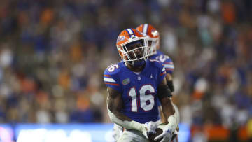 Tre'Vez Johnson #16 of the Florida Gators celebrates (Photo by James Gilbert/Getty Images)