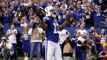 Nov 29, 2015; Indianapolis, IN, USA; Indianapolis Colts wide receiver T.Y. Hilton (13) reacts to scoring a touchdown against the Tampa Bay Buccaneers at Lucas Oil Stadium. Indianapolis defeats Tampa Bay 25-12. Mandatory Credit: Brian Spurlock-USA TODAY Sports