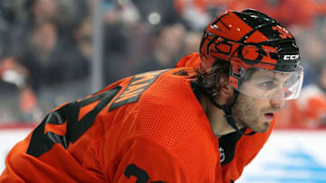PHILADELPHIA, PA - FEBRUARY 26: Ryan Hartman #38 of the Philadelphia Flyers looks on against the Buffalo Sabres on February 26, 2019 at the Wells Fargo Center in Philadelphia, Pennsylvania. (Photo by Len Redkoles/NHLI via Getty Images)