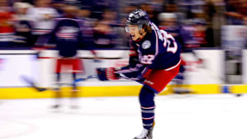 COLUMBUS, OH - OCTOBER 20: Sonny Milano #22 of the Columbus Blue Jackets warms up prior to the start of the game against the Chicago Blackhawks on October 20, 2018 at Nationwide Arena in Columbus, Ohio. (Photo by Kirk Irwin/Getty Images)