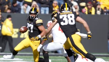 IOWA CITY, IOWA- OCTOBER 20: Tight end Noah Fant #87 of the Iowa Hawkeyes runs up the field during the second half in front of defensive back Darnell Savage #4 of the Maryland Terrapins on October 20, 2018 at Kinnick Stadium, in Iowa City, Iowa. (Photo by Matthew Holst/Getty Images)