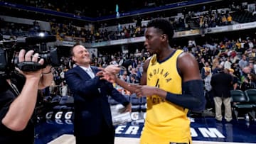 INDIANAPOLIS, IN - NOVEMBER 3: Victor Oladipo #4 of the Indiana Pacers talks with media after the game against the Boston Celtics on November 3, 2018 at Bankers Life Fieldhouse in Indianapolis, Indiana. NOTE TO USER: User expressly acknowledges and agrees that, by downloading and or using this Photograph, user is consenting to the terms and conditions of the Getty Images License Agreement. Mandatory Copyright Notice: Copyright 2018 NBAE (Photo by Ron Hoskins/NBAE via Getty Images)