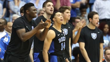 CHAPEL HILL, NORTH CAROLINA - MARCH 09: Zion Williamson #1 of the Duke Blue Devils watches on from the bench during their game against the North Carolina Tar Heels at Dean Smith Center on March 09, 2019 in Chapel Hill, North Carolina. (Photo by Streeter Lecka/Getty Images)