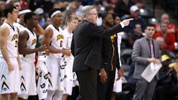 Mar 10, 2016; Indianapolis, IN, USA; Iowa Hawkeyes coach Fran McDaffery coaches on the sidelines against the Illinois Fighting Illini during the Big Ten Conference tournament at Bankers Life Fieldhouse. Illinois defeats Iowa 68-66. Mandatory Credit: Brian Spurlock-USA TODAY Sports