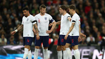 LONDON, ENGLAND - MARCH 27: Kyle Walker, Eric Dier, James Tarkowski and John Stones of England during the International Friendly match between England and Italy at Wembley Stadium on March 27, 2018 in London, England. (Photo by Catherine Ivill/Getty Images)
