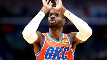 Nerlens Noel #9 of the OKC Thunder practices a free throw during a NBA game against the New Orleans Pelicans. (Photo by Sean Gardner/Getty Images)