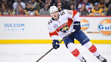 PITTSBURGH, PA - JANUARY 08: Florida Panthers Defenseman Mackenzie Weegar (52) skates during the first period in the NHL game between the Pittsburgh Penguins and the Florida Panthers on January 8, 2019, at PPG Paints Arena in Pittsburgh, PA. (Photo by Jeanine Leech/Icon Sportswire via Getty Images)