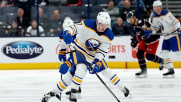 COLUMBUS, OH - DECEMBER 07: Casey Mittelstadt #37 of the Buffalo Sabres controls the puck during the game against the Columbus Blue Jackets at Nationwide Arena on December 7, 2022 in Columbus, Ohio. Buffalo defeated Columbus 9-4. (Photo by Kirk Irwin/Getty Images)