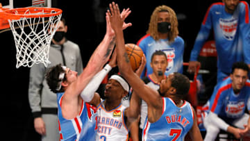 Shai Gilgeous-Alexander #2 of the OKC Thunder shoots as Kevin Durant #7 of the Brooklyn Nets defend. (Photo by Sarah Stier/Getty Images)