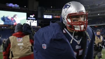 Dec 30, 2012; Foxborough, MA, USA; New England Patriots tight end Rob Gronkowski (87) exits the field after he game against the Miami Dolphins at Gillette Stadium. The New England Patriots defeated the Miami Dolphins 28-0. Mandatory Credit: David Butler II-USA TODAY Sports