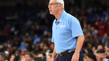 PORTLAND, OR - NOVEMBER 24:Head coach Roy Williams of the North Carolina Tar Heels yells out to his team during the second half of the game against the Arkansas Razorbacks during the PK80-Phil Knight Invitational presented by State Farm at the Veterans Memorial Coliseum on November 24, 2017 in Portland, Oregon. North Carolina won the game 87-68. (Photo by Steve Dykes/Getty Images)