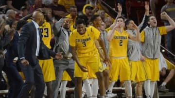 Mar 5, 2016; Tempe, AZ, USA; California Golden Bears guard Tyrone Wallace (3) reacts after making a three point basket against the Arizona State Sun Devils during the second half at Wells-Fargo Arena. The Golden Bears won 68-65. Mandatory Credit: Joe Camporeale-USA TODAY Sports