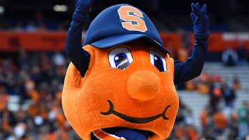 Jan 5, 2016; Syracuse, NY, USA; Syracuse Orange mascot, Otto performs prior to the game against the Clemson Tigers at the Carrier Dome. Clemson won 74-73 in overtime. Mandatory Credit: Rich Barnes-USA TODAY Sports