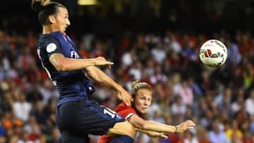 Jul 29, 2015; Chicago, IL, USA; Paris Saint-Germain forward Zlatan Ibrahimovic (10) heads the ball against the Manchester United during the first half at Soldier Field. Mandatory Credit: Mike DiNovo-USA TODAY Sports