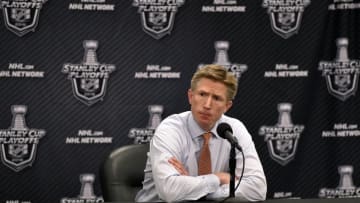 Apr 24, 2016; Philadelphia, PA, USA; Philadelphia Flyers head coach Dave Hakstol talks to the media following game six of the first round of the 2016 Stanley Cup Playoffs against the Washington Capitals at Wells Fargo Center. The Capitals won 1-0. Mandatory Credit: Derik Hamilton-USA TODAY Sports