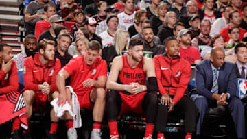 PORTLAND, OR - DECEMBER 28: The Portland Trail Blazers watch on during the game against the Philadelphia 76ers on December 28, 2017 at the Moda Center in Portland, Oregon. NOTE TO USER: User expressly acknowledges and agrees that, by downloading and or using this photograph, user is consenting to the terms and conditions of the Getty Images License Agreement. Mandatory Copyright Notice: Copyright 2017 NBAE (Photo by Cameron Browne/NBAE via Getty Images)